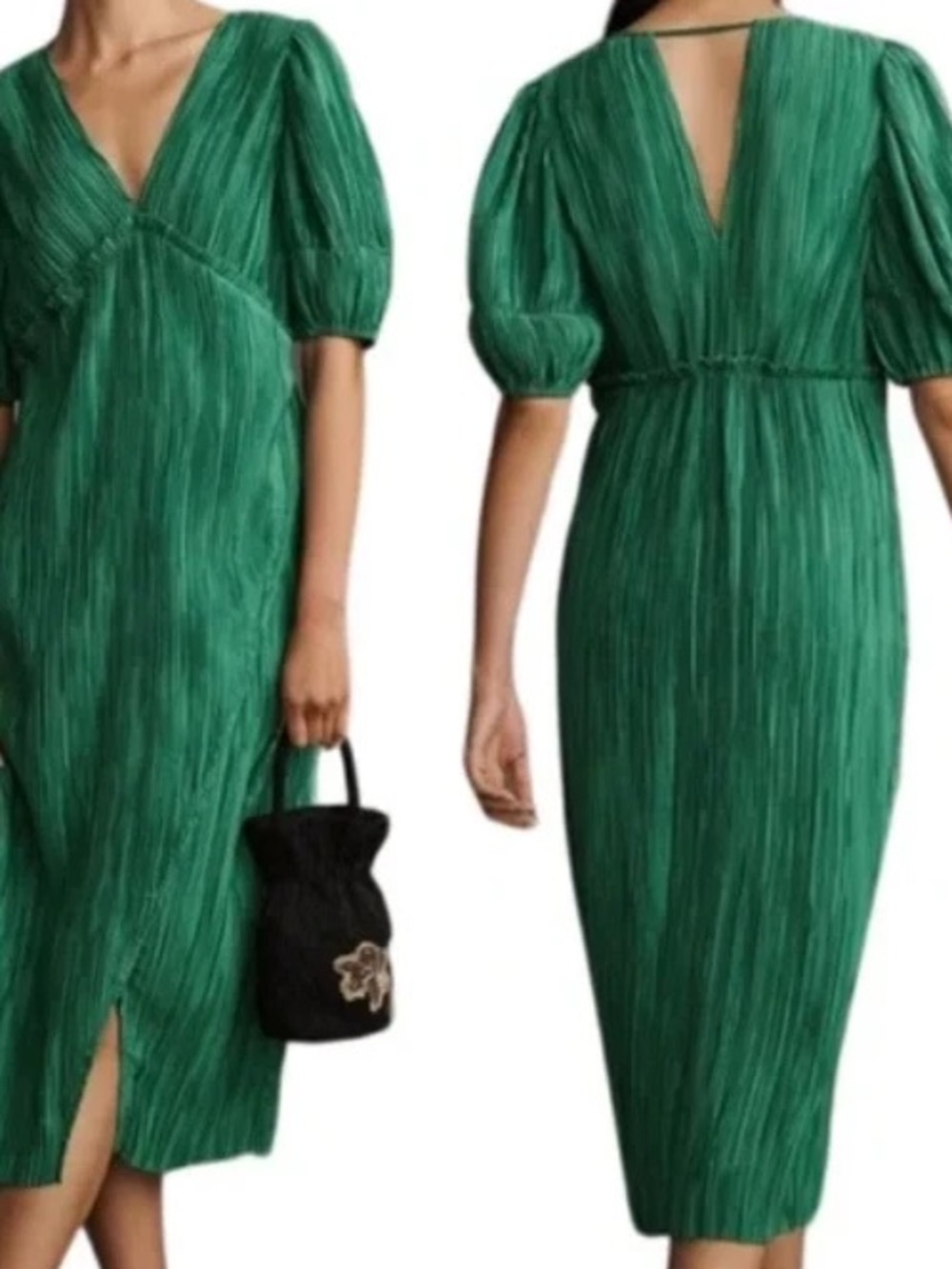 Anthropologie Emerald Green Pleated V-Neck Midi Dress - Picture 6 of 7